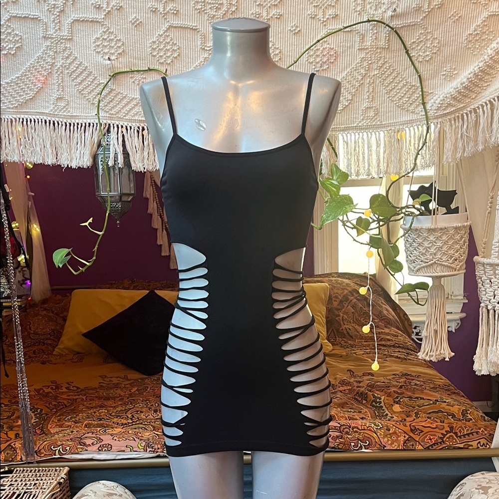 Y2K Goth Grunge black cut out slashed shredded camisole long tank top